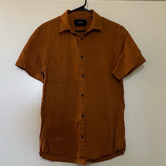 Scotch & Soda Amsterdam Couture Men’s Short Sleeve Linen Regular Shirt Brown M - Picture 1 of 8